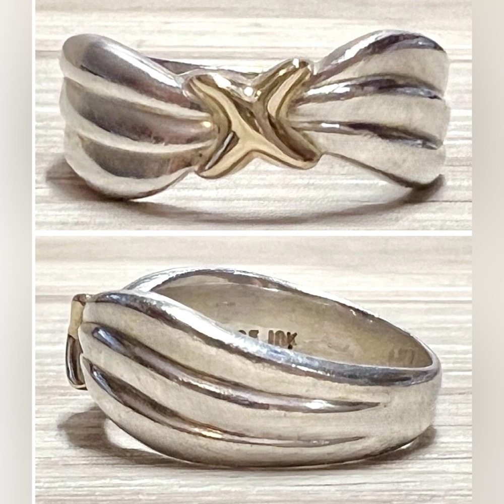 Vintage Designer Hallmarked Sterling Silver &18K Gold Wavy Fluted "X" Ring, 5.5g